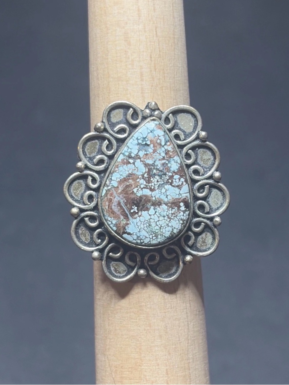 Sterling silver 925 Turquoise Teardrop Statement Ring - Blue Brown Stone
